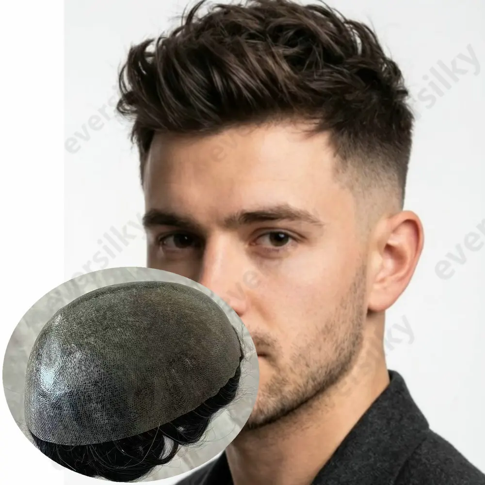 Unsichtbares 0,1mm Injektions-PU-Toupet mit Langlebiger Basis aus Echthaar für Männer, Natürlicher Haaransatz, Braun, Schwarz, Grau, Haarsystem für Männer – Detail 1