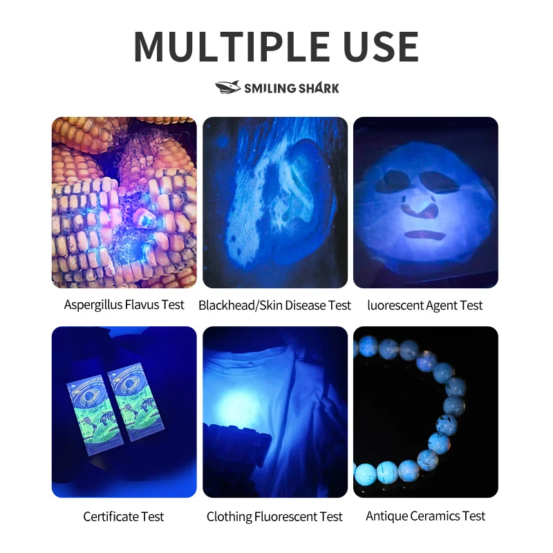 SMILING SHARK UV Light Purple Light Flashlight USB Rechargeable Waterproof Authentication Fluorescence Detection 9188