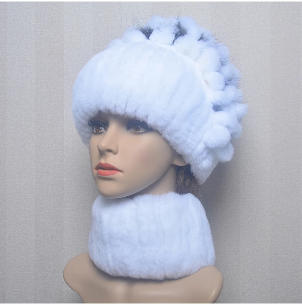 New Style Women Warm Rex Rabbit Fur Hat Scarf Sets Winter Lady Knit Fur Hats Muffler 2 Pieces Natural Rex Rabbit Fur Cap Scarves