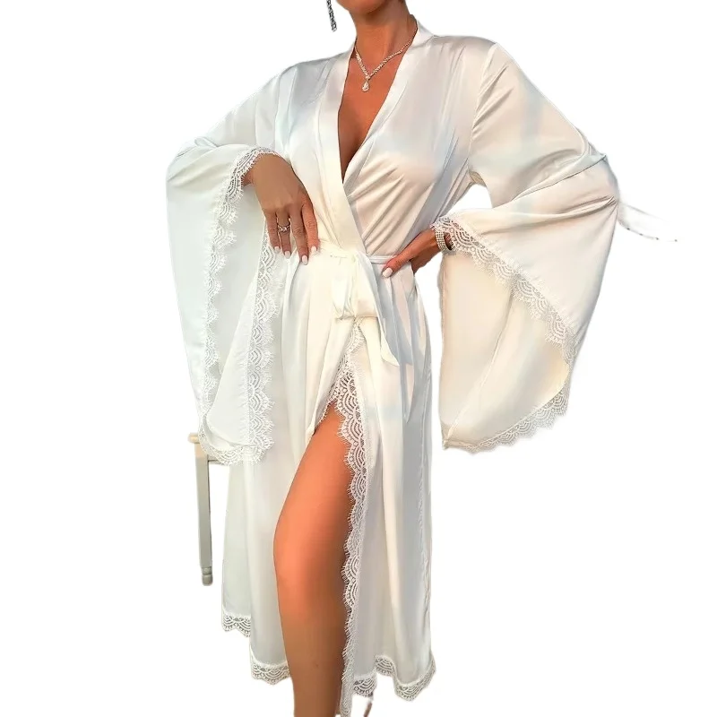 Long Bride Wedding Robe Women Elegant Sleepwear Big Sleeve Lace Full Slip Kimono Loungewear Soft White Rayon Home Dressing Gown