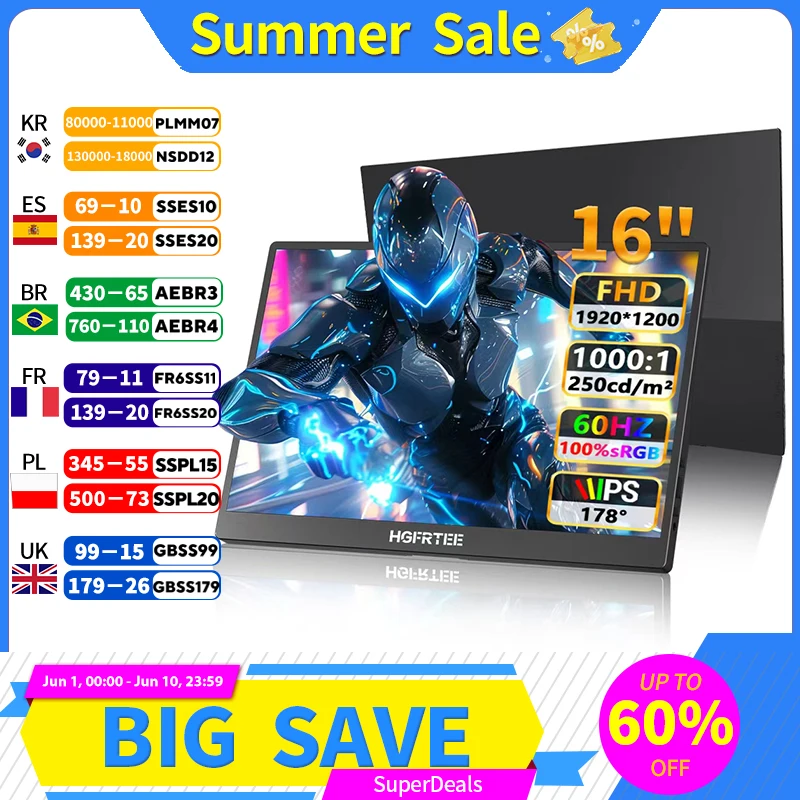 HGFRTEE 16 Inch Portable Monitor 100% sRGB Type C Mini HDMI for Extended Display Compatible with Mac Switch Xbox PS4/5