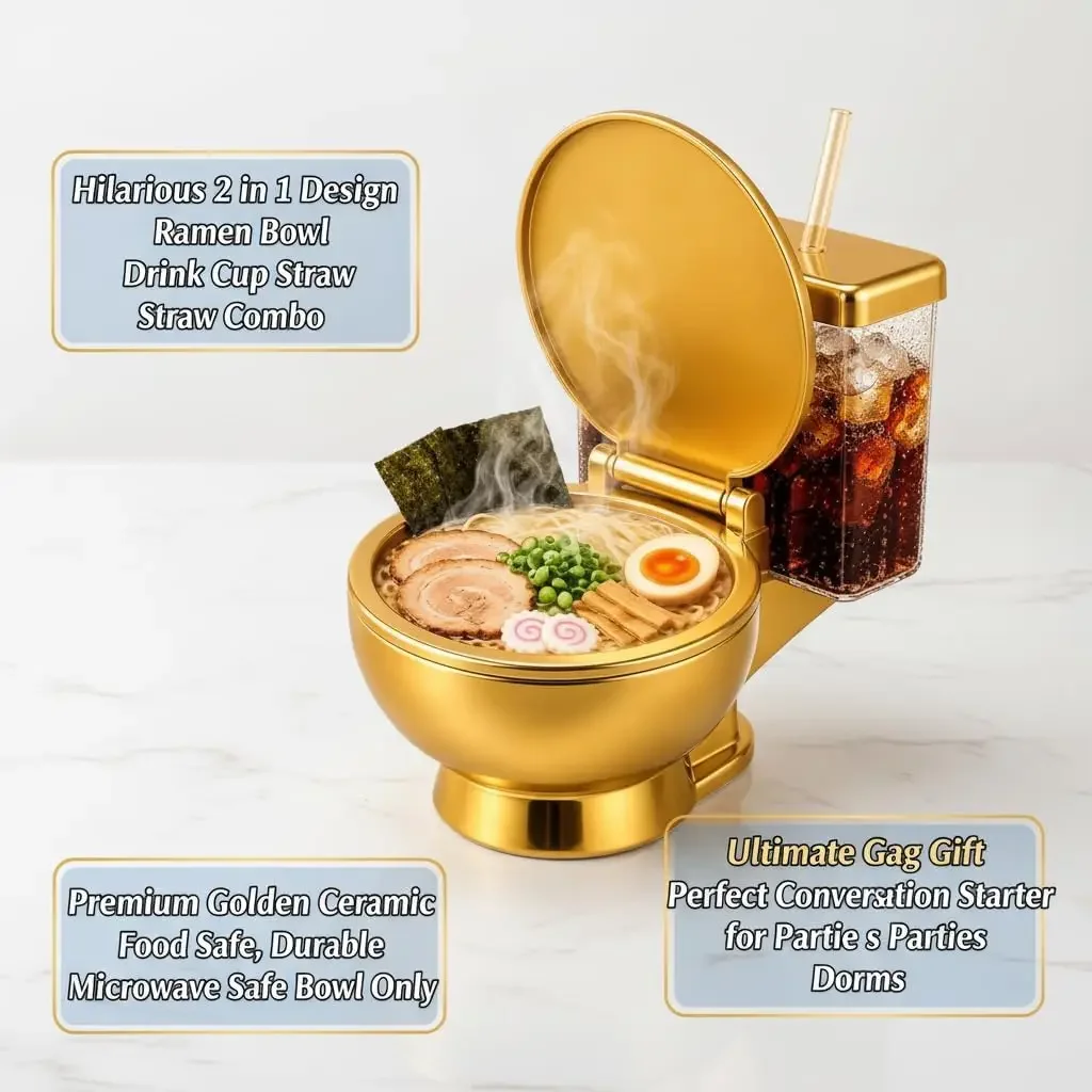 Toilet Ramen Bowl and Drink Cup with Straw Funny Noodle Soup Novelty Gift
