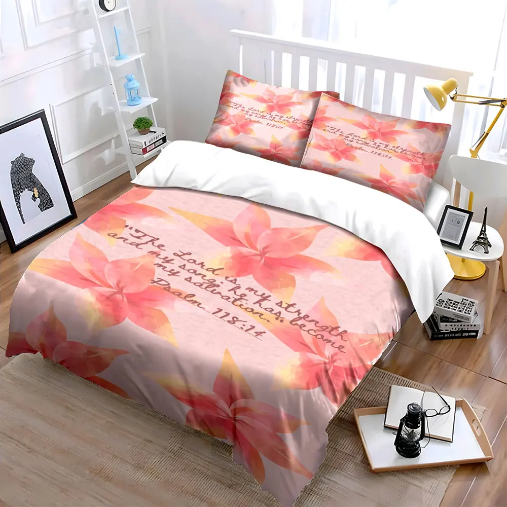 3Pcs Watercolor Floral Bible Verse Bedding Set,Pink Pastel Scripture Print Duvet Cover 2 Pillowcases Single Double King Queen