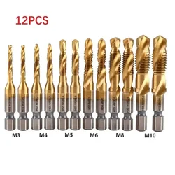 12 PCS Tap Drill Bit Set Hex Shank Titanium Plated HSS Screw Thread Bit Screw Machine Compound Tap For Metal Steel Wood Plastic