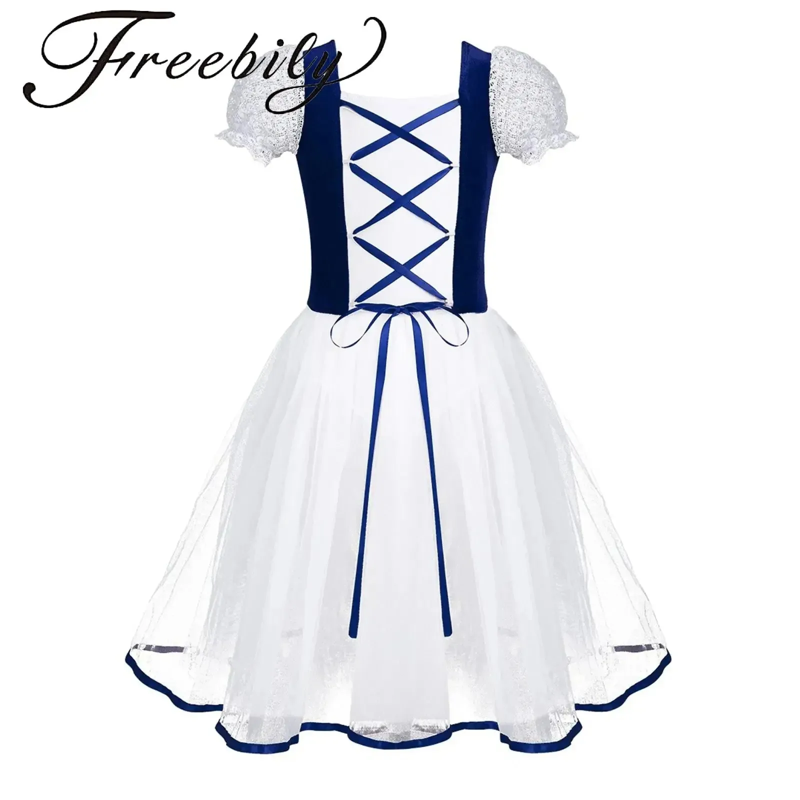 Romantic Tutu Ballet Costumes Girls Child Velet Tulle Skating Dress Ballerina Bubble Short Sleeve Lace Summer Tutu Dress