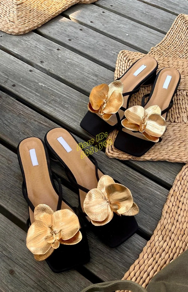 

2025 Flower Decor Slippers Middle Block Heel Red Black Gold Fashion 2025 Summer Women Runway Dress Shoes Slip On Handmade Shoes
