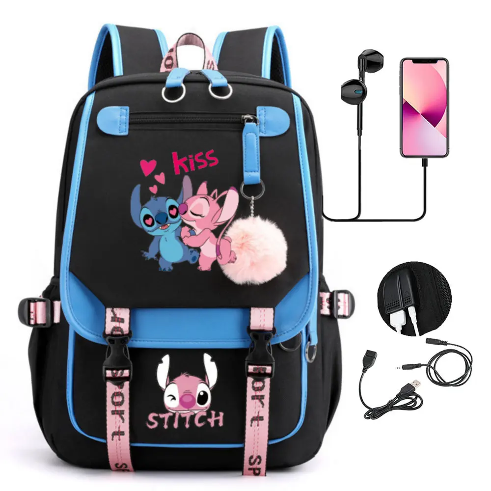 Lilo Stitch Backpacks USB Patchwork Women Girls Capacity School Bags Lovely Teens Laptop School Bags Commuting Travel Backpack