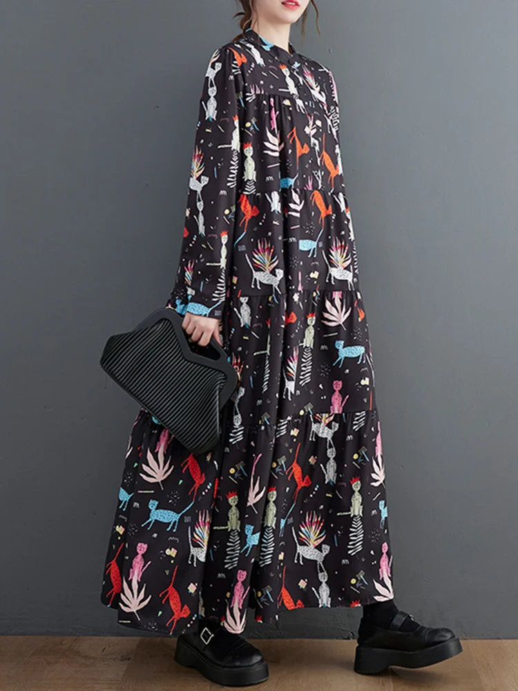 Long Sleeve Vintage Print Dresses For Women Loose Casual Shirt Long Dress Vestidos Fashion Elegant Clothing Spring Autumn 2025