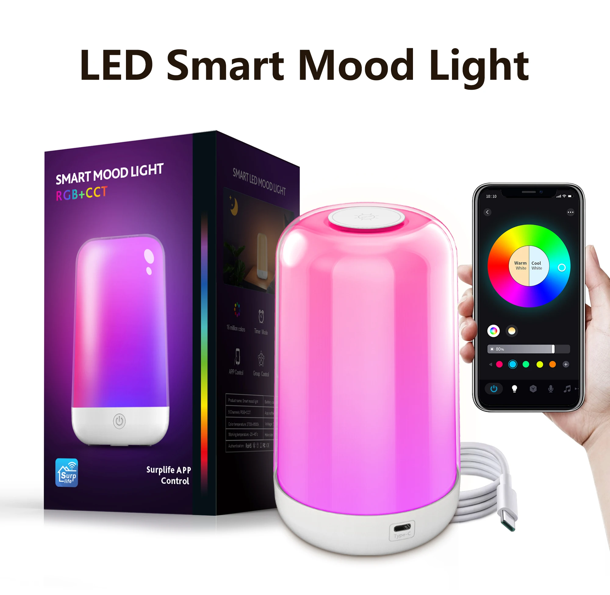 Smart 16 Color LED Table Lamp Touch & Bluetooth APP Control Dimmable Rechargeable Bedside Night Lamp for Room Decor