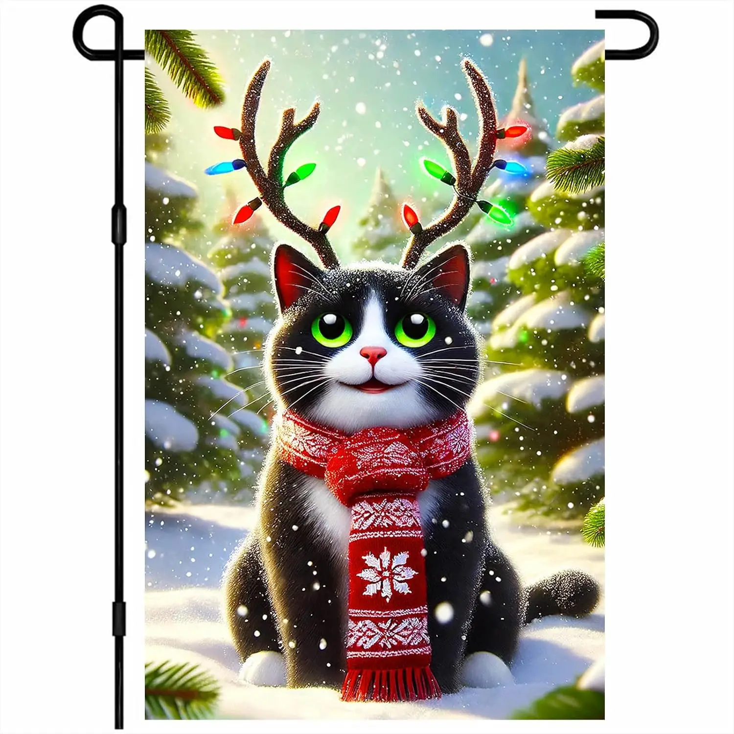 Christmas Cat Garden Flag 12x18 Inch Holiday Reindeer Antlers Lights Yard Banner Winter Outdoor Decoration Double Sided Cute PPZ