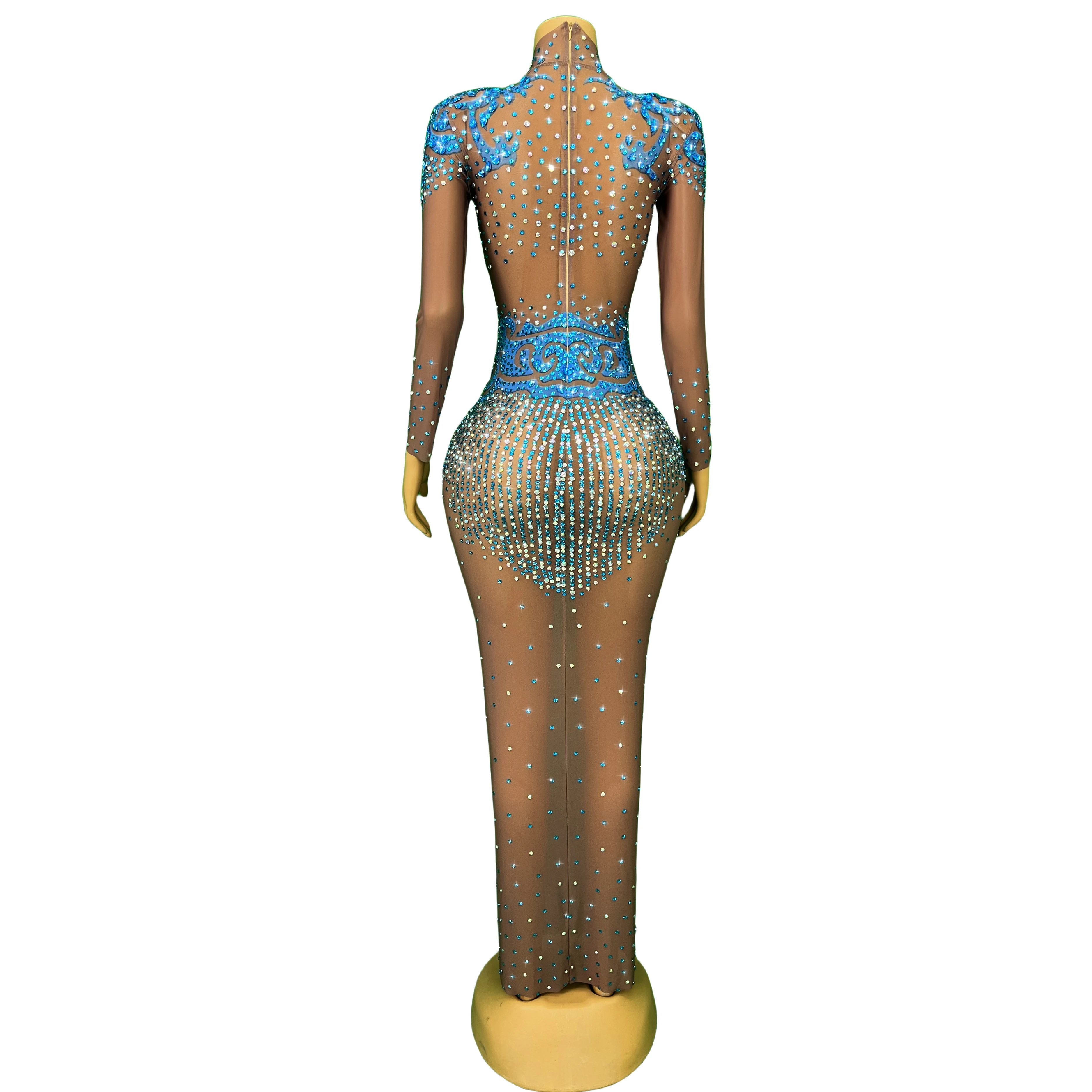 New High-end Designed Sparkly Rhinestones Cultuvation Mesh Dress Women Evening Party Gown Fashion Show Stage Costume Qinglinshe