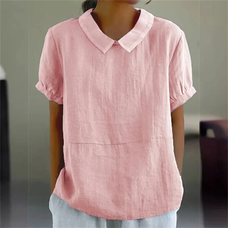 

Summer New Solid Color Women Cotton Linen Lapel Pullover Shirt Short Sleeve Blouse Female Comfortable Casual Simple Style Tops