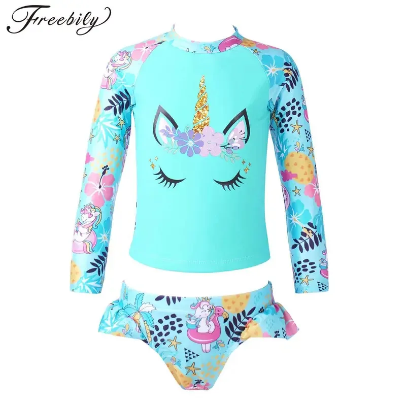 

Kids Swimwear Swimsuit 2023 New Print Girls Tankini Bikini Set Children Two Pieces Bathing Suit Rash Guard Shirt Set Beachwear