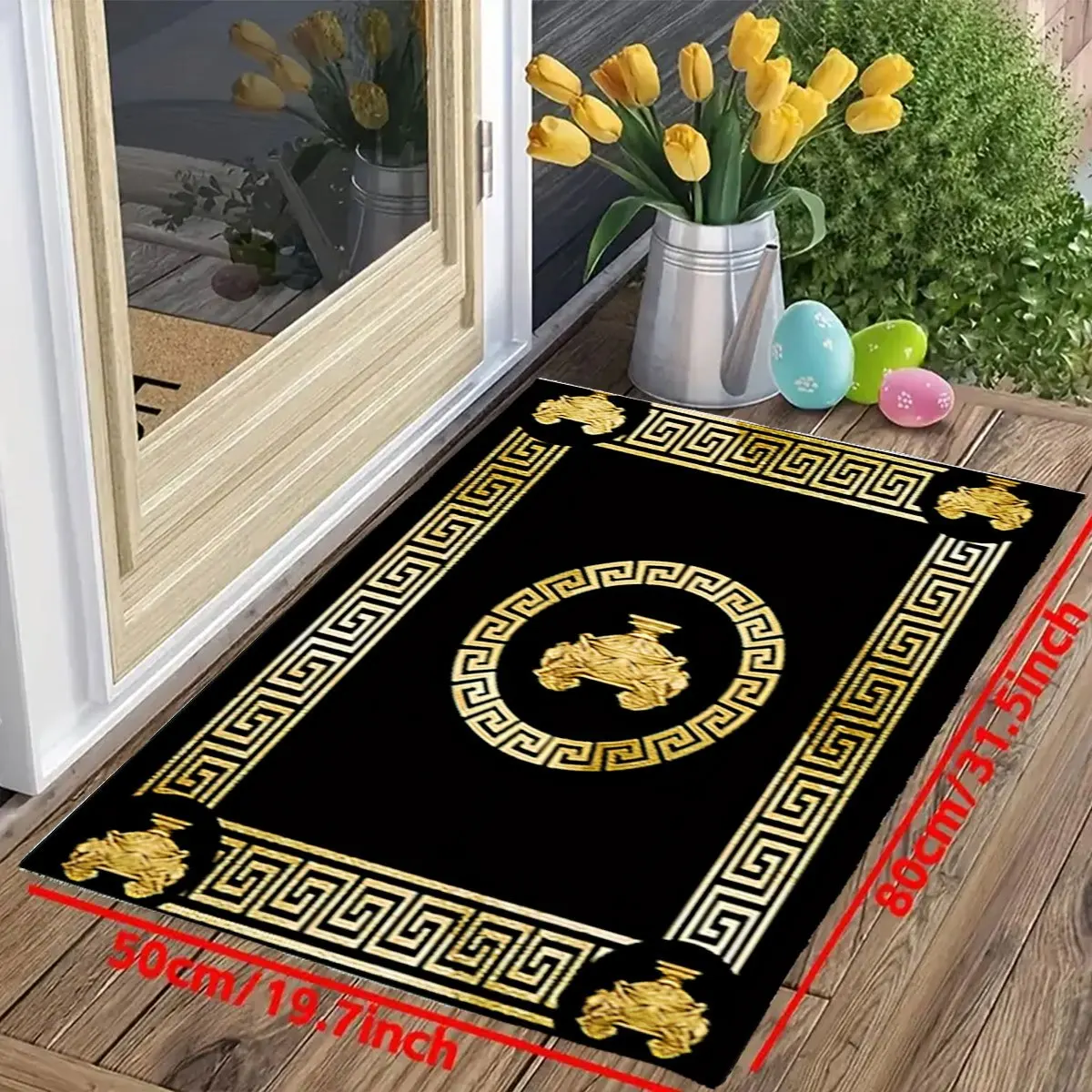 Luxurious Black Greek Key Meander Pattern Rug Mat Runner for Home Entrance Hallway Classical Greek Mythology Decorative