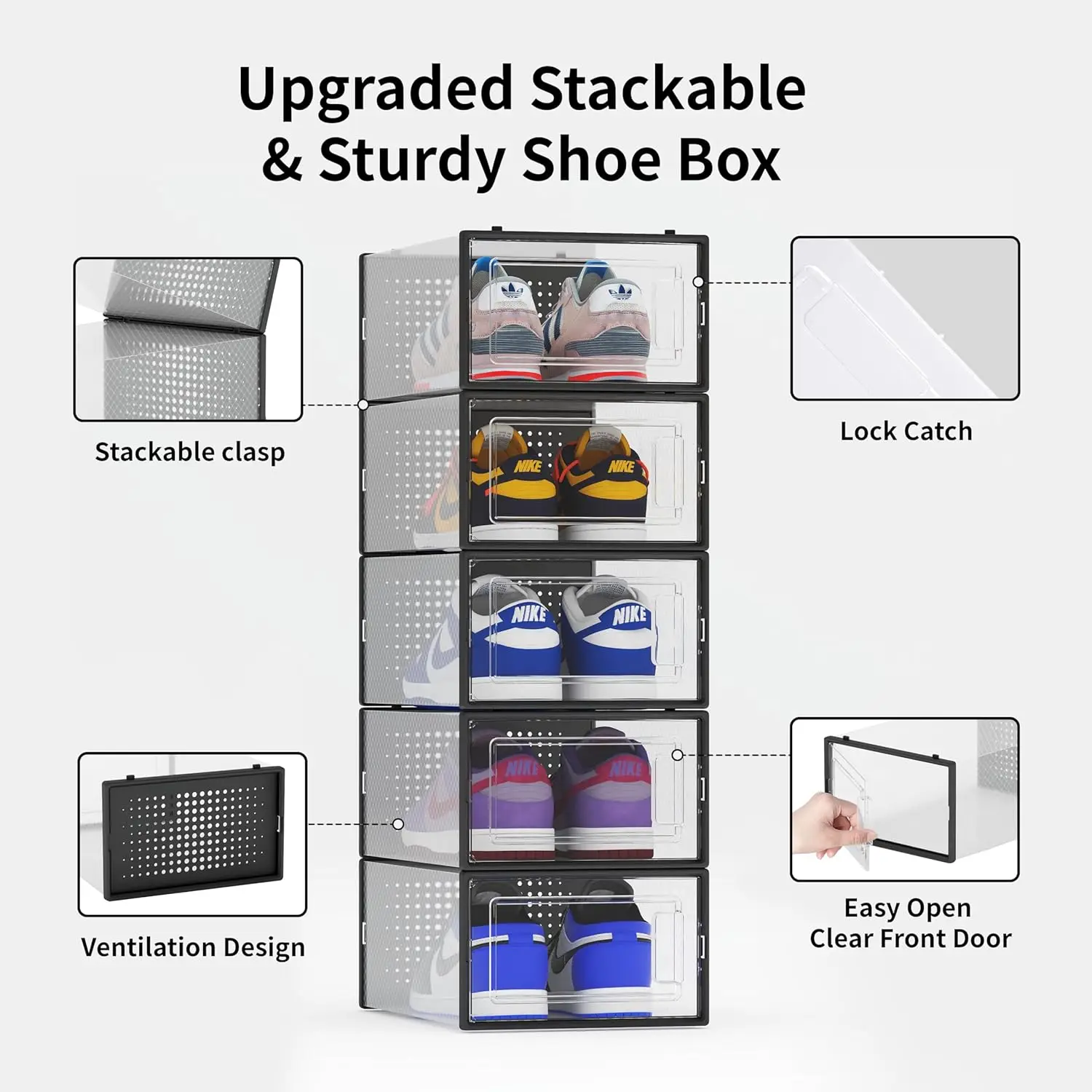 6 Pack Shoe Storage Bins, Clear Plastic Stackable Shoe Organizer for Closet, Space Saving Foldable Shoe Rack, Shoe Box Holder