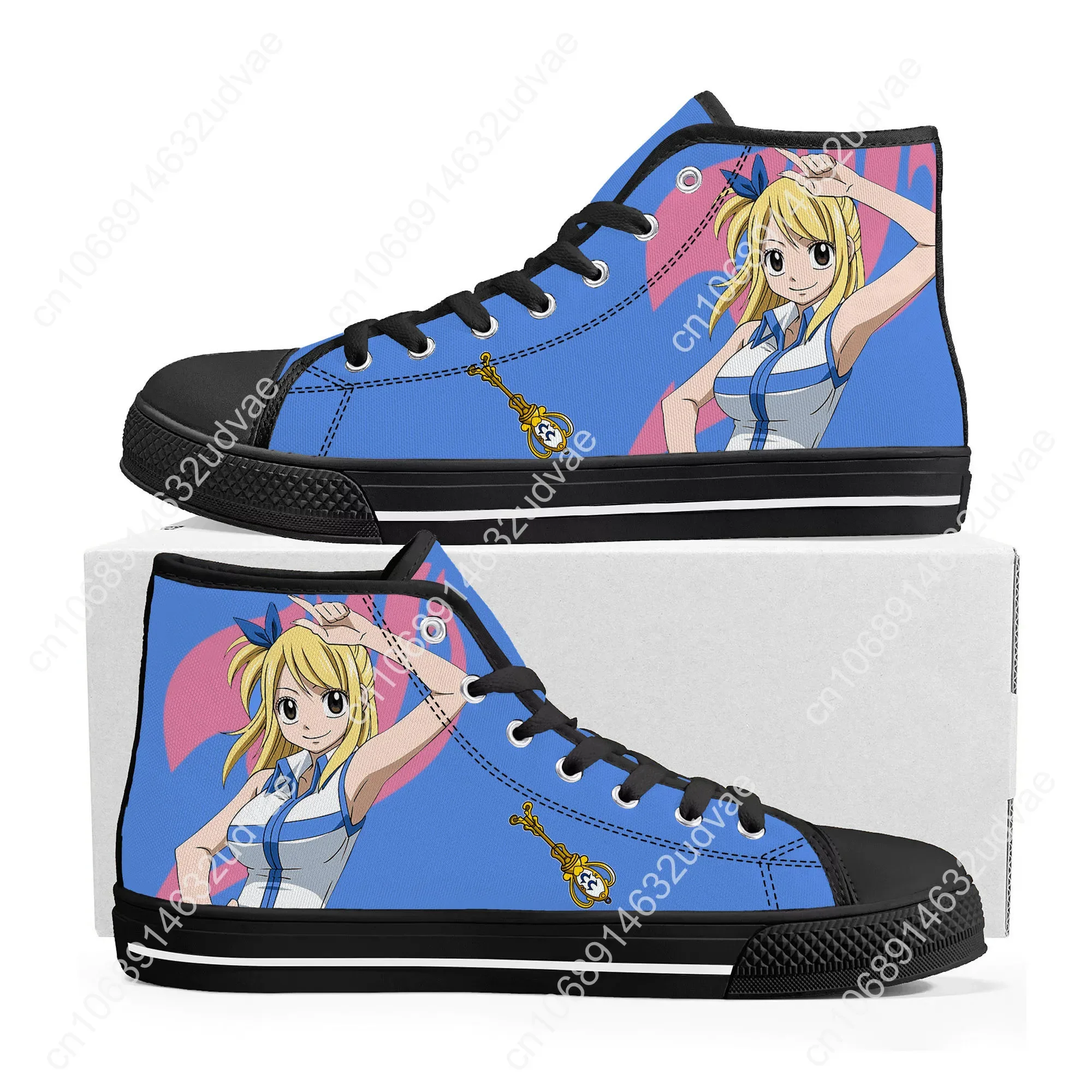 Lucy Heartfilia Anime Fairy Tail Tênis de cano alto, homens e mulheres, tênis de lona adolescente, sapatos personalizados para casais, desenhos animados