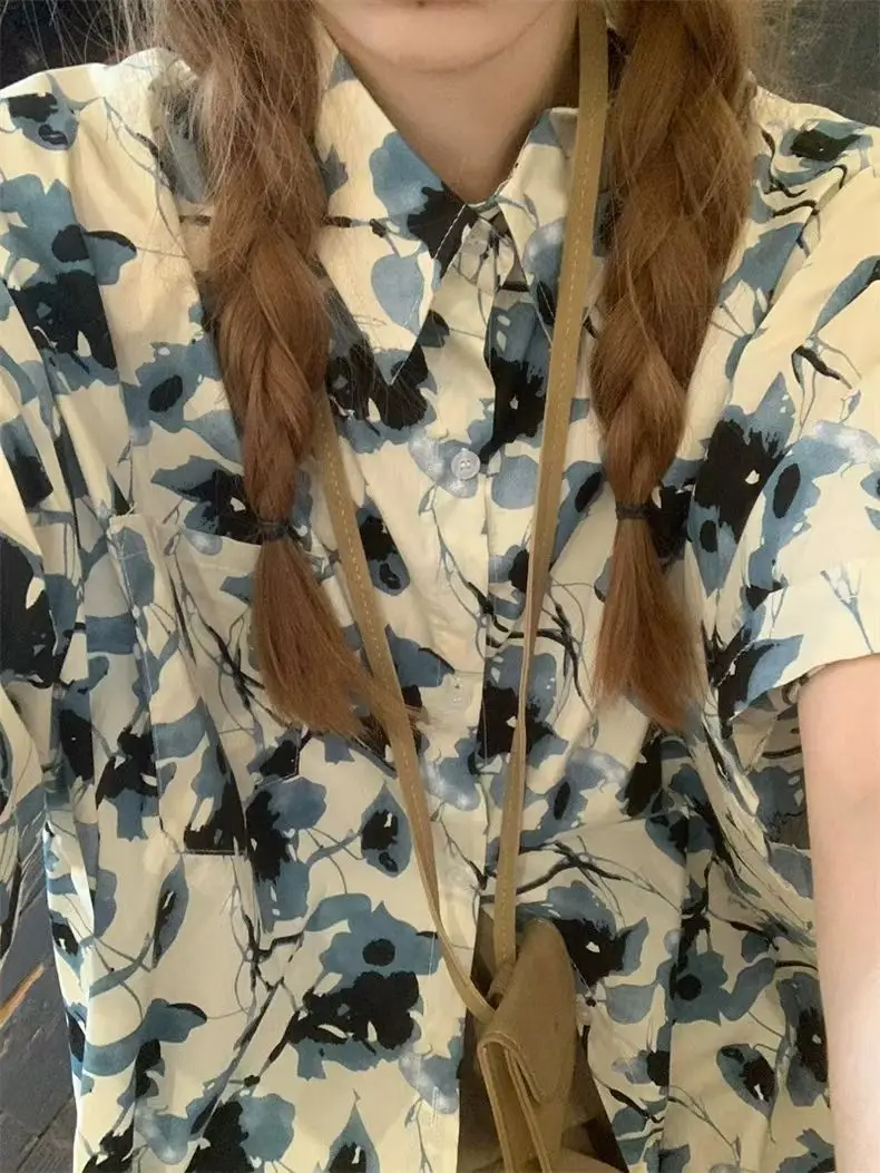 

Floral Print Shirts Women Puff Sleeve Slim Fit Chiffon Fabric Vacation Wear for Summer Boho-Chic Style and Trendy Street Outfits