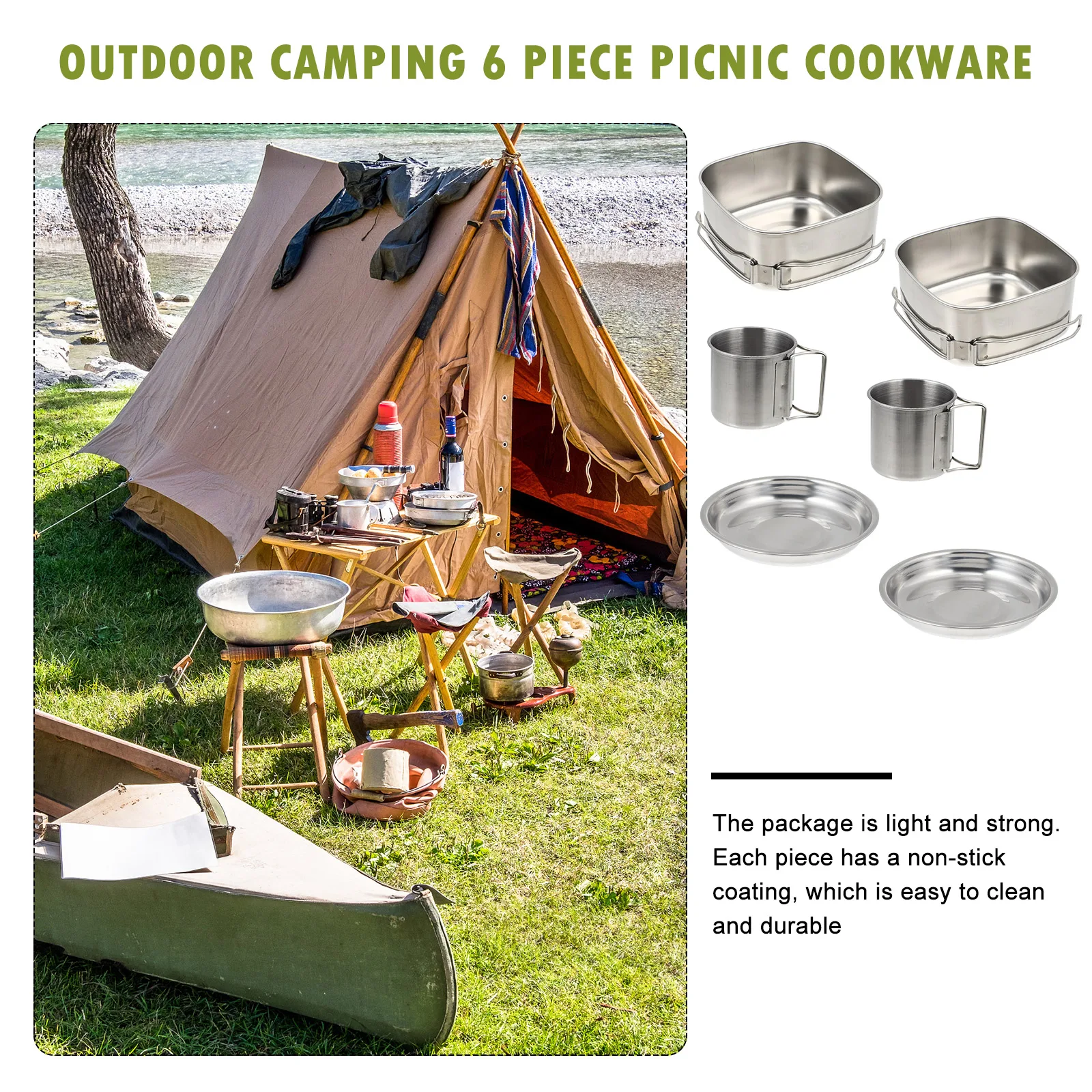 

6 Piece Stainless Steel Camping Cookware Set Durable Portable Outdoor Picnic Hiking Easy Clean Foldable H Suitable BBQ