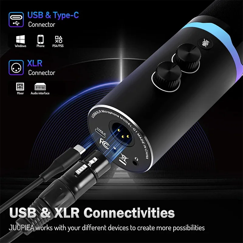 붐 암 스탠드가 있는 USB 게이밍 마이크, 노이즈 캔슬링 기능이 있는 콘덴서 RGB 마이크, 녹음, 모니터링, 팟캐스트, 컴퓨터용 썸네일 3