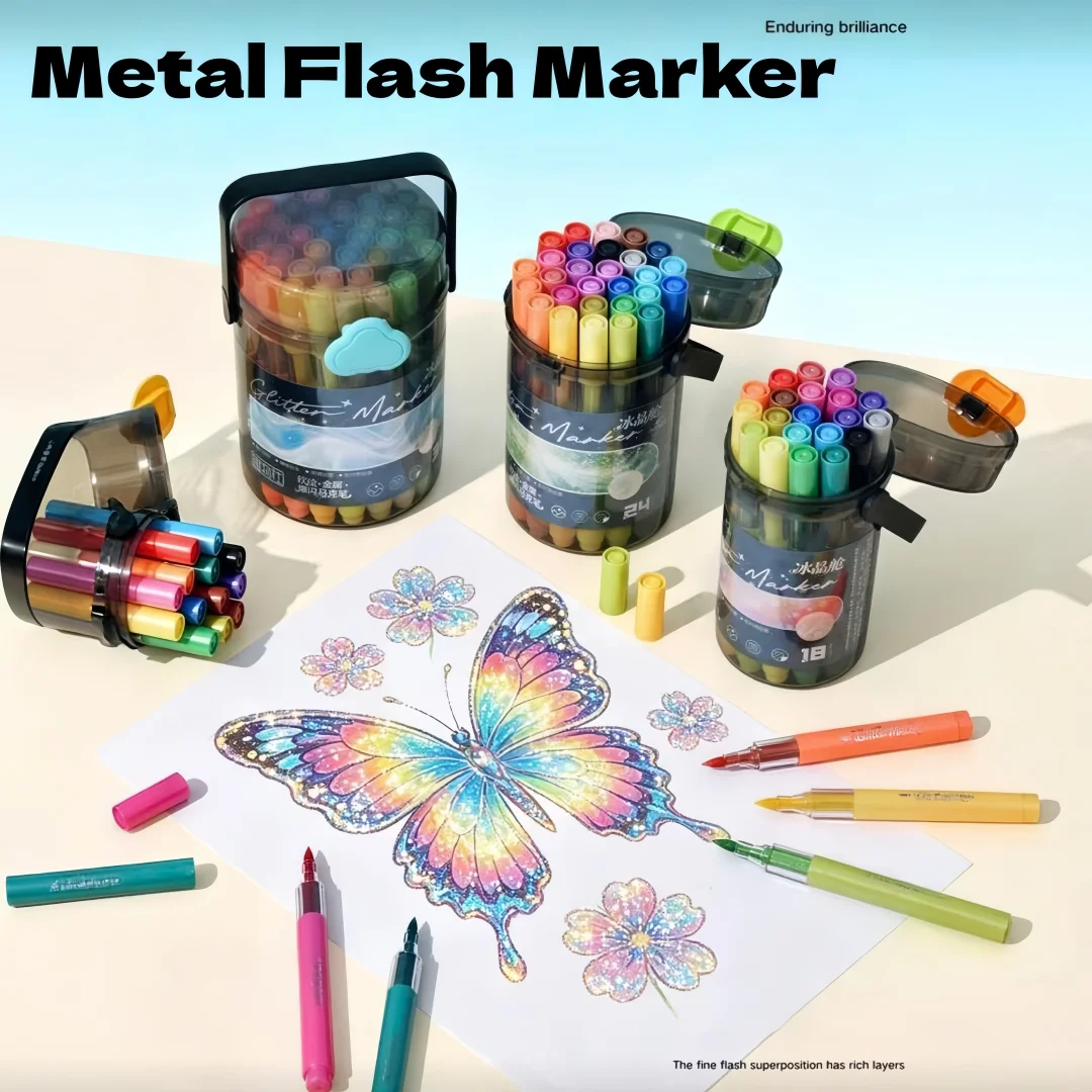 Back-To-School Season Fun Soft-Drawing Metallic Glitter Markers Multi-Color Elastic Soft Tip with Fine Glitter Pearlescent Ink for Hand-Drawn Journals