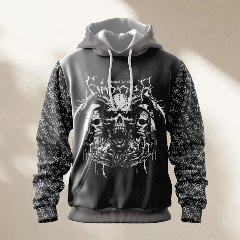 

Deluxe Dark Harajuku Style Y2K Skull Print Men's Pullover Hoodie Soft Comfy Stylish Relaxed-Fit Large Casual Moto Autumn Winter