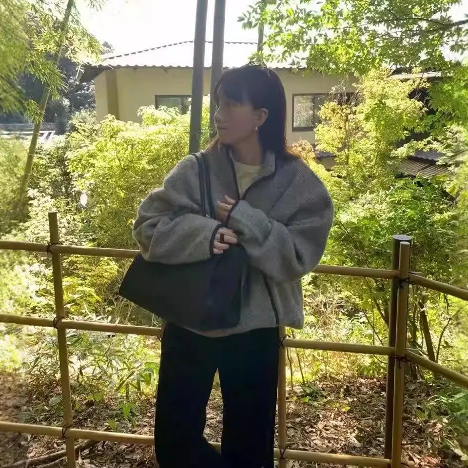 Sweat à capuche coréen en mélange de laine pour femmes, coupe ample, Jaet f, fermeture éclair, cercle Fce, Texture aérienne, vêtements d'extérieur