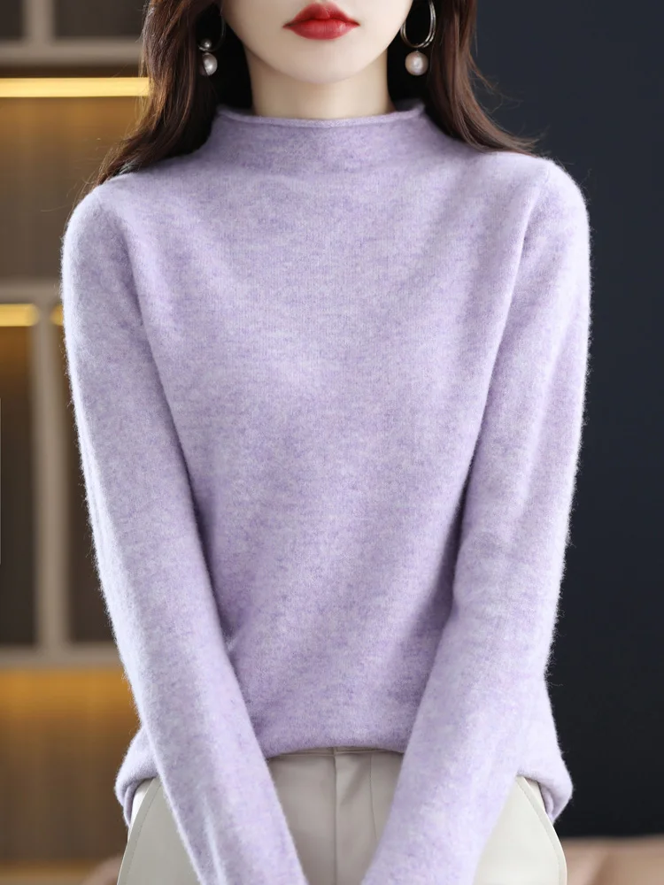 2023 New Fashion Women Sweater 100% Merino Wool Tops Jersey Mock Neck Long Sleeve Pullovers Spring Autumn Winter Jumper Knitwear