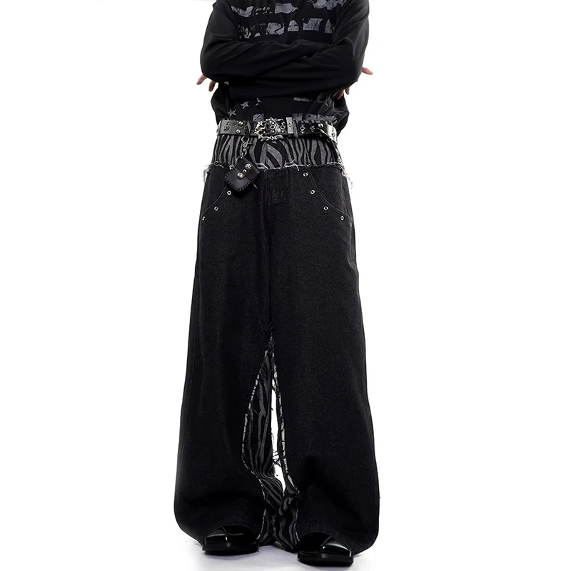 Man's Zebra Pattern Patchwork Design Casual Pants Boy Wide Leg Bottoms Street Unisex Sweatpants Female High Waist Trousers