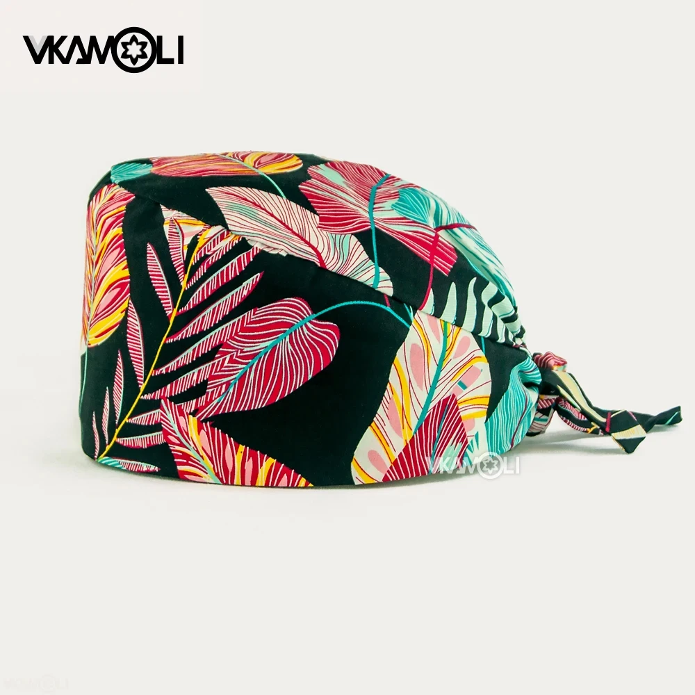New Flower Printing Cap Sweat-Absorbent Scrubs Cap for Women Nurse Scrubs Health Service Workers Adjustable Caps Lab Hats