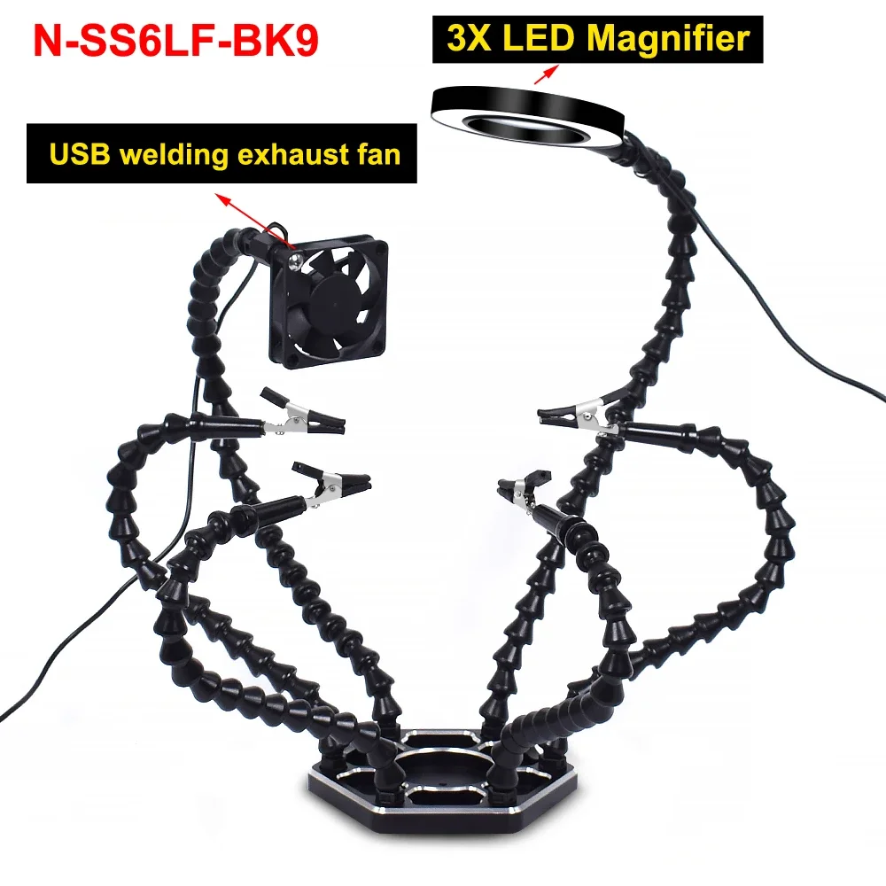 Newacalox braçadeira de mesa de solda terceira mão com 3x lupa exaustor de soldagem usb recarregável lanterna soldeirng titular