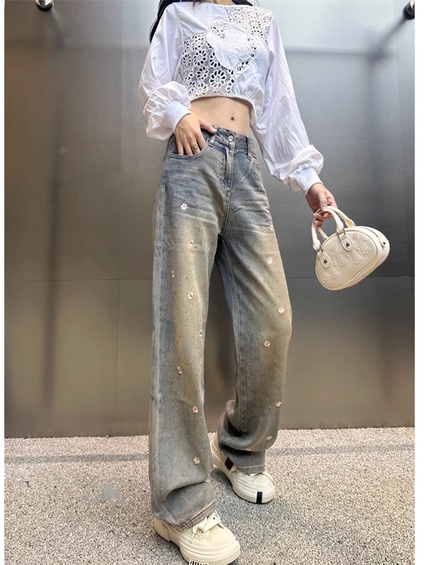 

Женские джинсы Heavy Du с стразами, прямые, с высокой талией, свободные, широкие штанины, повседневные, длинные брюки