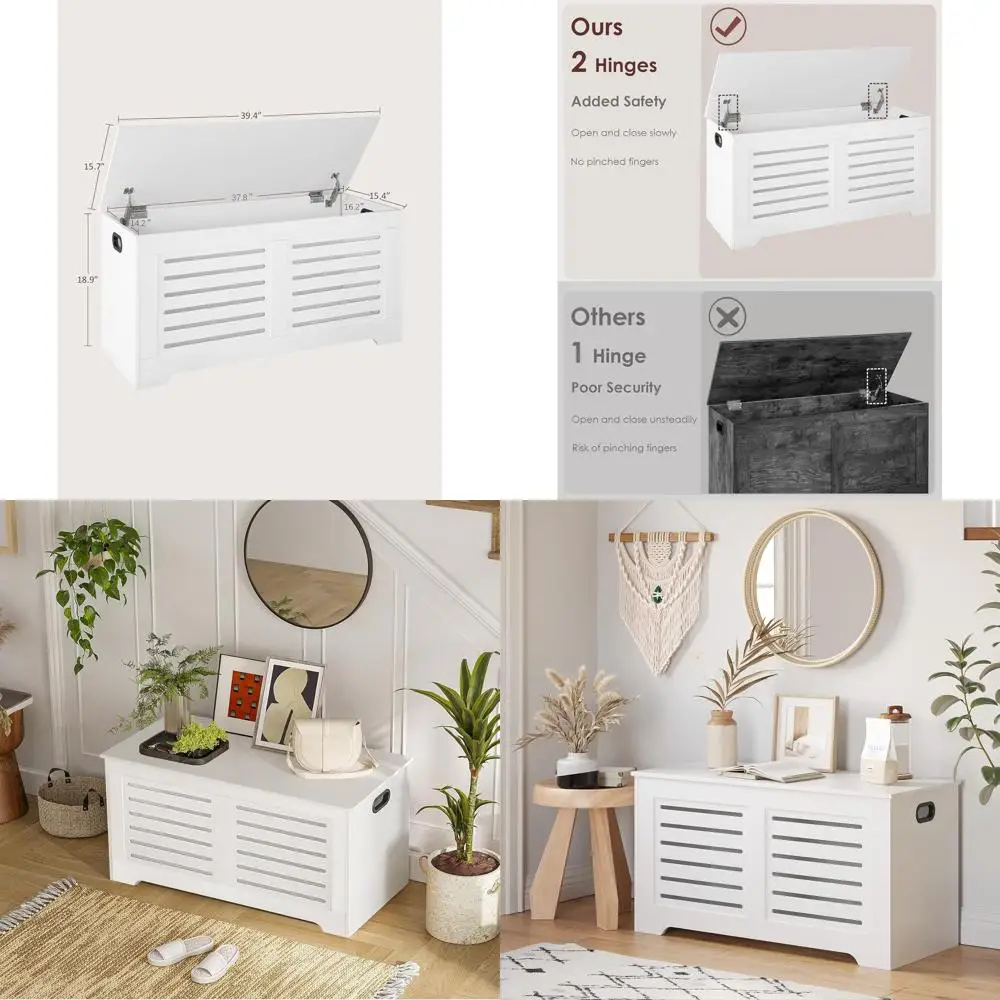 

Vintage-Style Wooden Storage Chest, 39.4 Shoe Bench with Flip-Top, Safe Hinges, Large Trunk for Home, Easy Assembly, White
