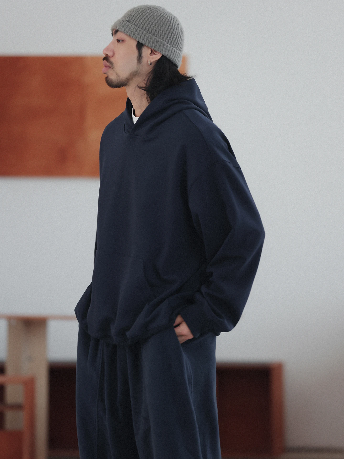 

Noears Japanese Style Cityboy Loose Fit Long Sleeve Hoodie Casual Sweatshirt Spring Autumn Vintage Blue Polyester Cotton Blend