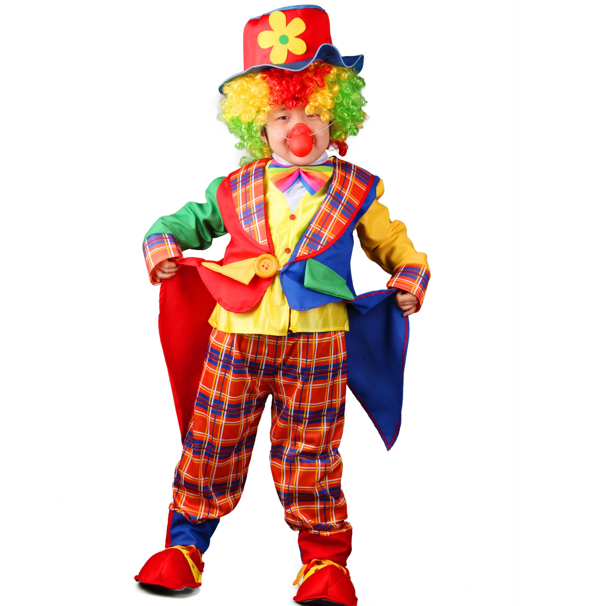 Kids Circus Clown Costume Jumpsuits Long Sleeve Jacket With Yellow Buttons on front Attached Wig Shoes Red Nose image 2