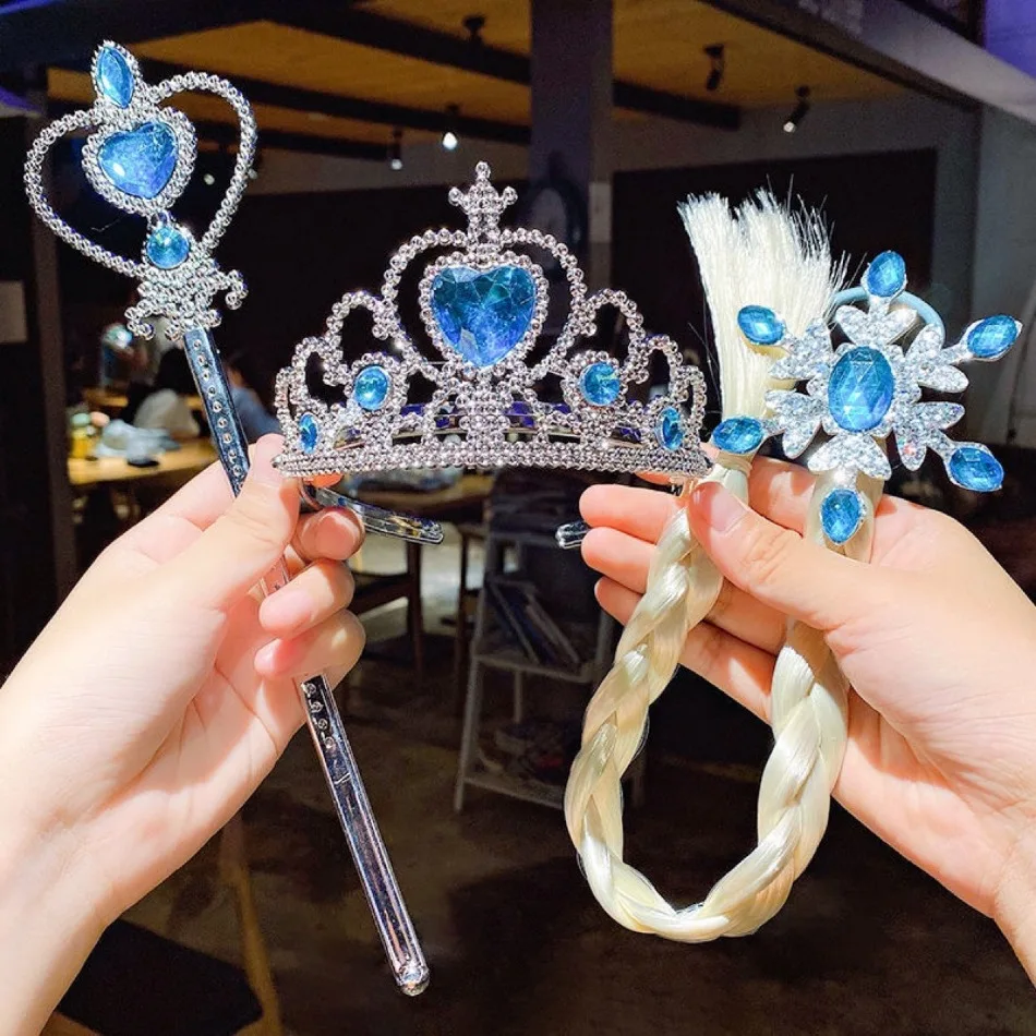 Little Girls Elsa Magic Wand Queen Crown Snowflake Weaving Braid Elsa Cosplay Props Kids Play Toys Pink Blue Crystal Accessories