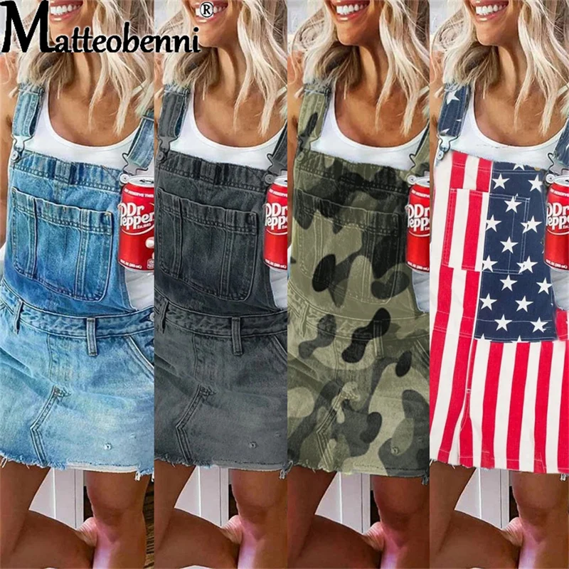 Fashion Women Summer Casual Loose Jumpsuits Patchwork Design Pockets Decor Sling Sleeveless Flower Print Denim Overalls Skirt