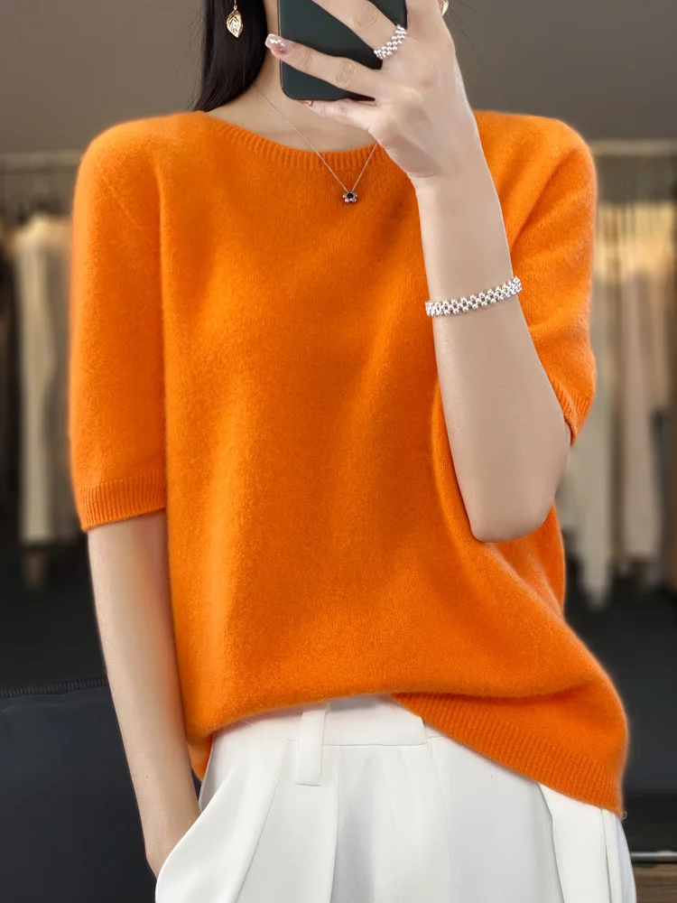 100% Merino wool women's O neck knitted T-shirt Korean pullover short sleeve sweater women's basic solid color half sleeve women