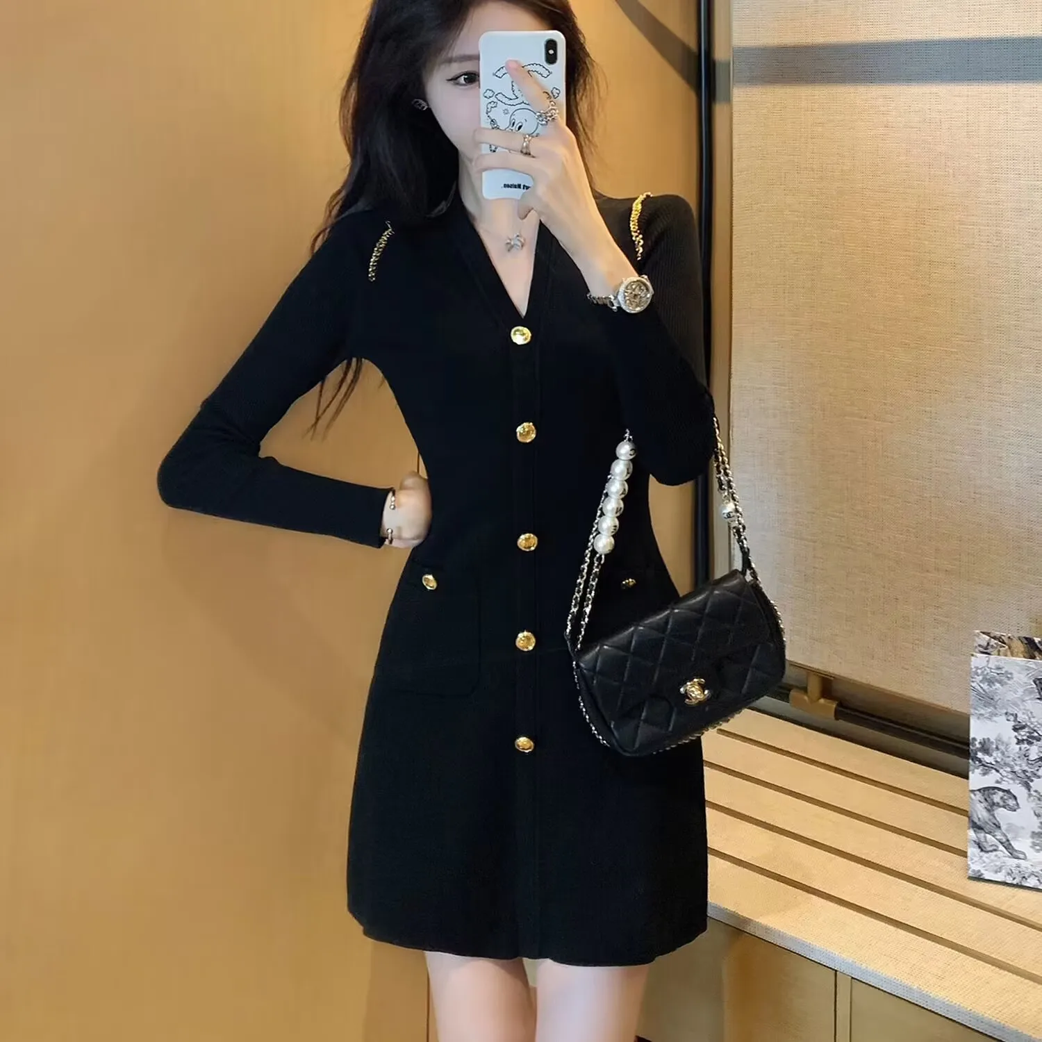 Women\'s Chic Elegant Black Party Knitted Dress, Autumn, Winter Fashion,Small Fragrant Style, Long Sleeve, Slim Basic Short Dress