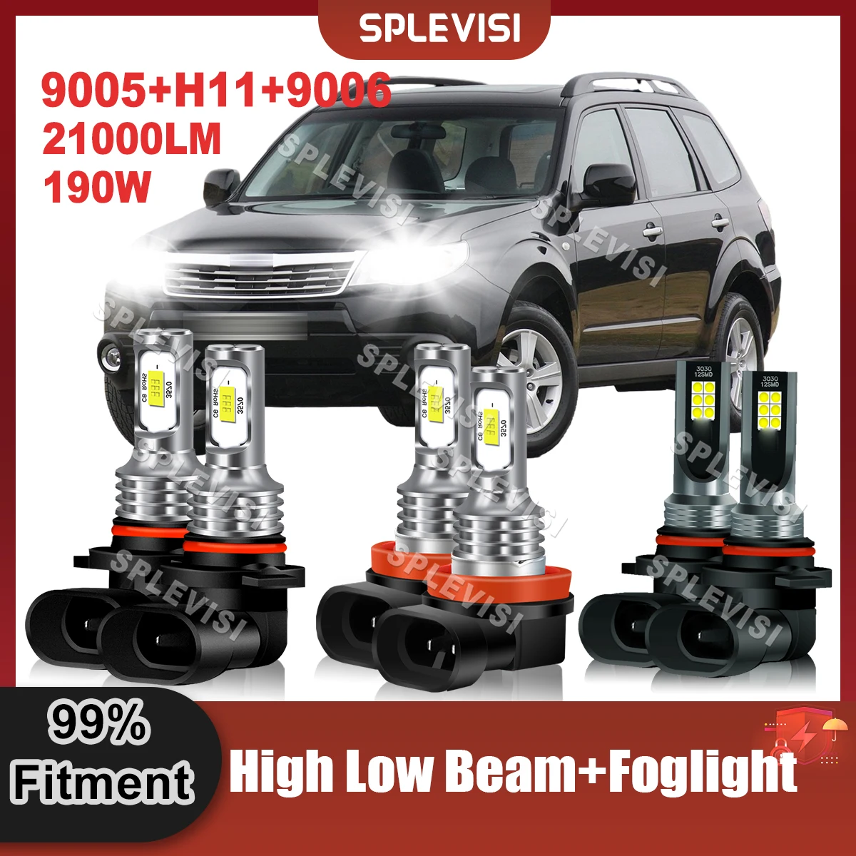 

6000K White LED Headlight High Low Beam 9005 H11+Foglamp 9006 Kit 190W 9V-24V For Subaru Forester 2009 2010 2011 2012 2013