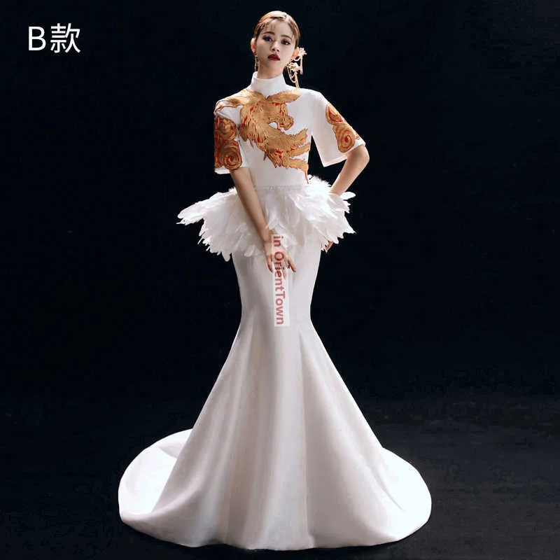 White Runway T Stage Show Cheongsam Long Style Asian Trend Sexy Dresses Actress Elegant Dignified Grand Stage Performance Dress
