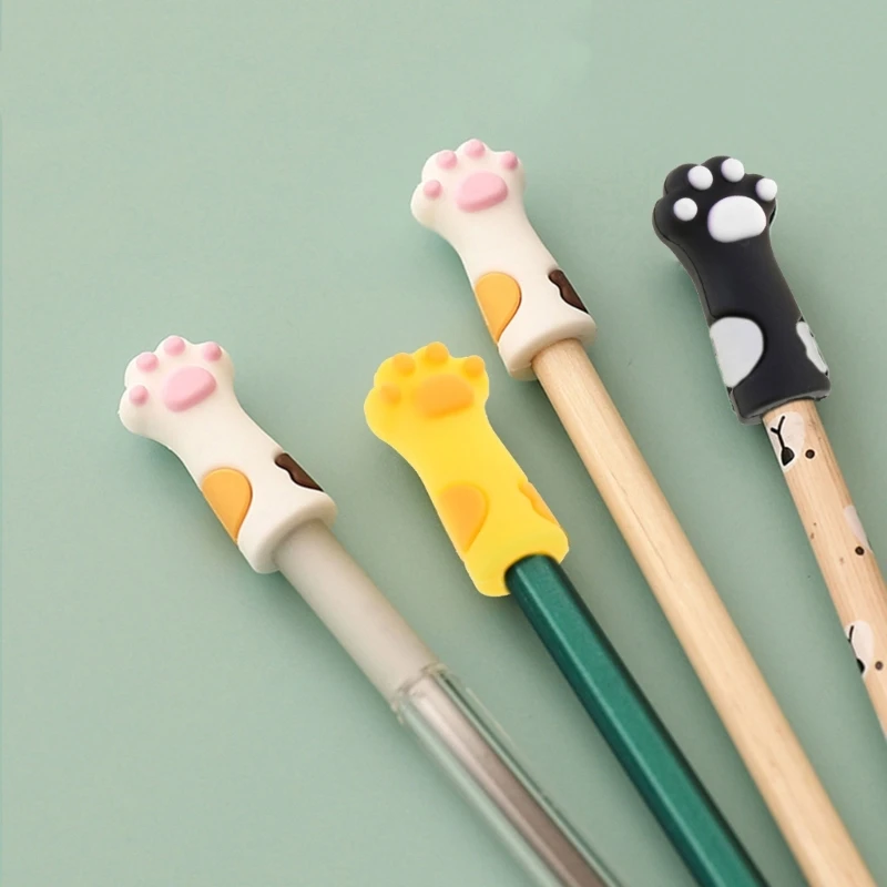 3Pieces Cute Cat Paw Pencil Topper Cartoon Pencil Topper Anti-Chewing Silicone Pencil Cap for Kid Student Class Reward