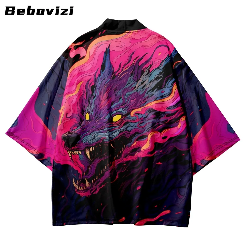 Streetwear Cardigan Clothes Oversized Robe Women Men Traditional Haori Yukata Summer Japanese Anime Wolf Print Cosplay Kimono