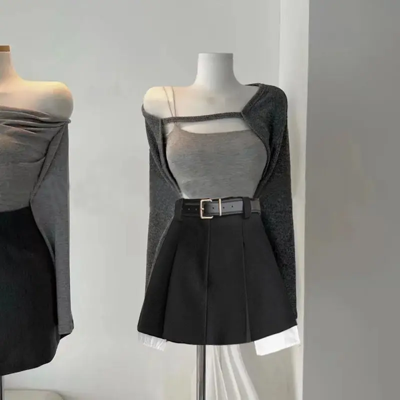 Strój na wczesne poranki 2025 Nowy, seksowny komplet: kardigan na ramiączkach, dopasowana spódnica i T-shirt dla młodych kobiet w wieku 8-25 lat...