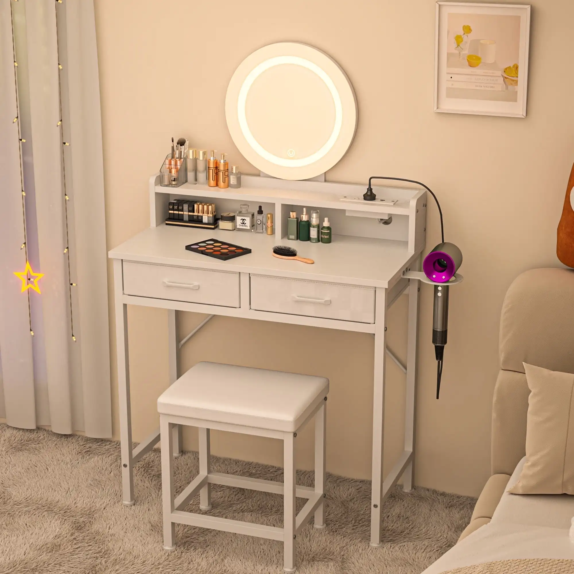 Vanity Desk with Mirror,Fabric Drawers,USB Port & Stool,3 Color Modes & Adjustable Brightness, White