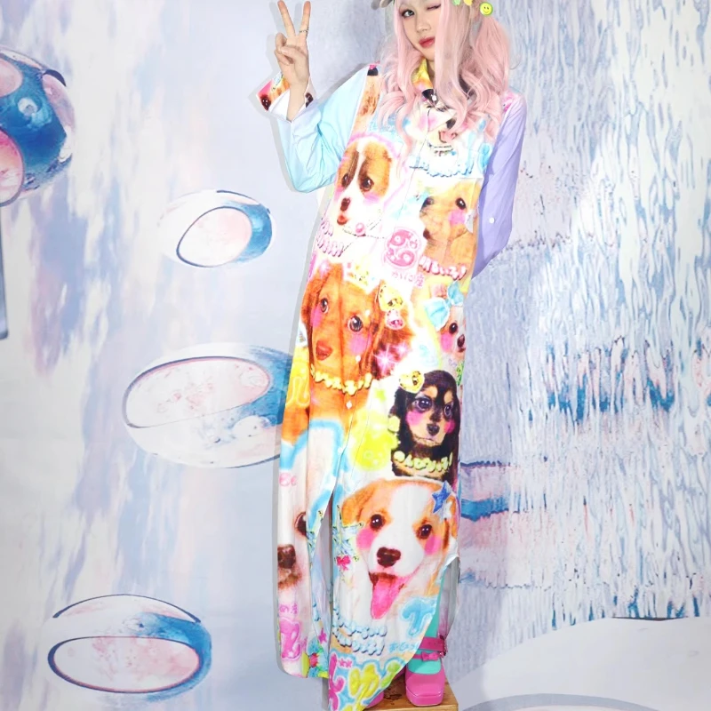 Japanese 2025 Spring Summer New Colorful Women's Long Dress Y2k Sweet Cute Cartoon Print Loose And Thin Shirt Dresses Ladies