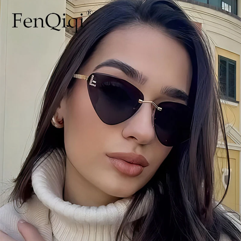 Classic Triangle Cat Eye Sunglasses F Letter Shades Brand Design For Women Trendy Outdoor Driving Rimless Eyewear UV400 Oculos