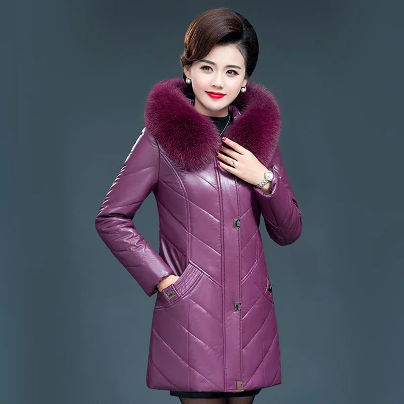 Women Leather Coat Winter Nice Pop Fashion Warm Fur Collar Hooded Faux Sheepskin Jacket Tops Outerwear Female Plus Size L-7XL