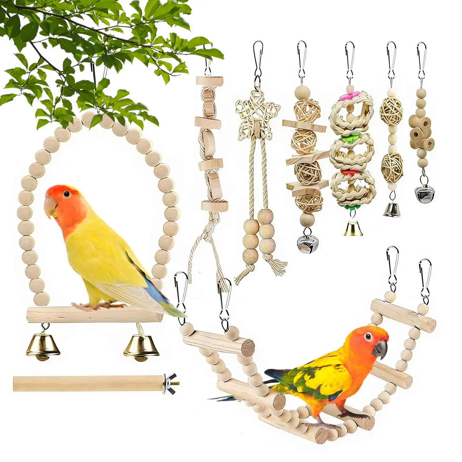 Vogelspielzeug-Kombination: Holzspielzeug für Papageien, Beißspielzeug für Haustiere, Vogelspielzeug für Papageientraining, Vogelspielzeug mit Schaukel, Ball, Glocke und Stehstange