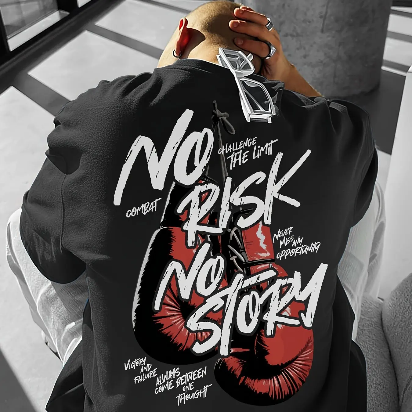 No Risk No Story Boxing Gloves Motivational Back Print T Shirt Gym Fitness Workout Unisex Streetwear Graphic Short Sleeve Tee