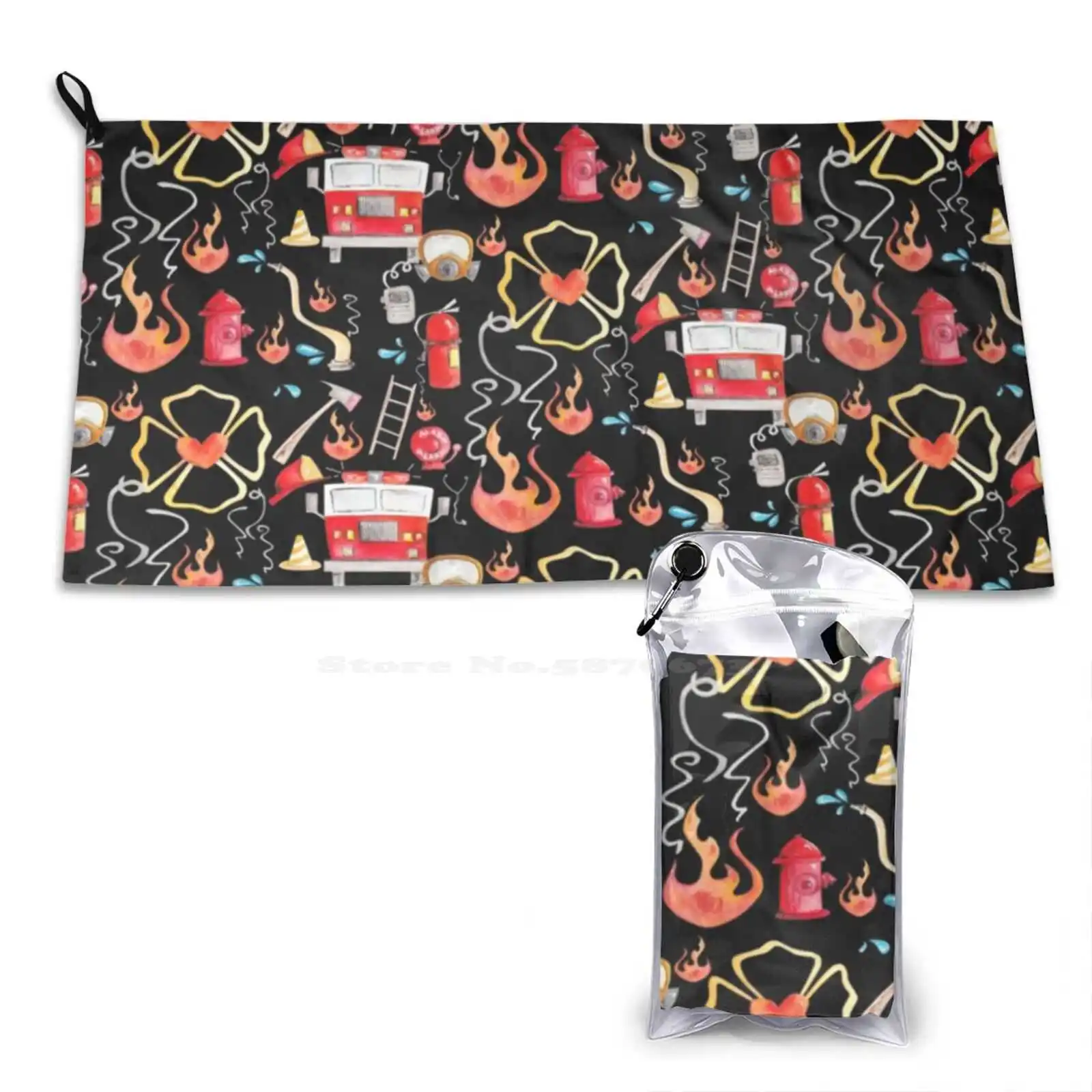 Love A Firefighter Pattern Soft Comfortable Bath Towel Outdoor Love Hot Firefighter Truck Water Extinguisher First Responders